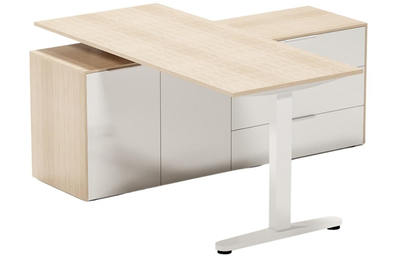 ARBYD Set dubového kancelářského el. stavitelného stolu a matně bílé komody Thor