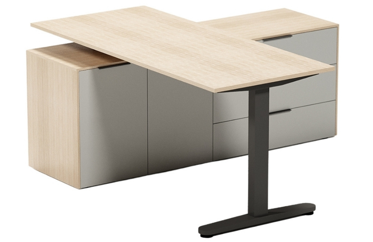 ARBYD Set dubového kancelářského el. stavitelného stolu a matně šedé komody Thor