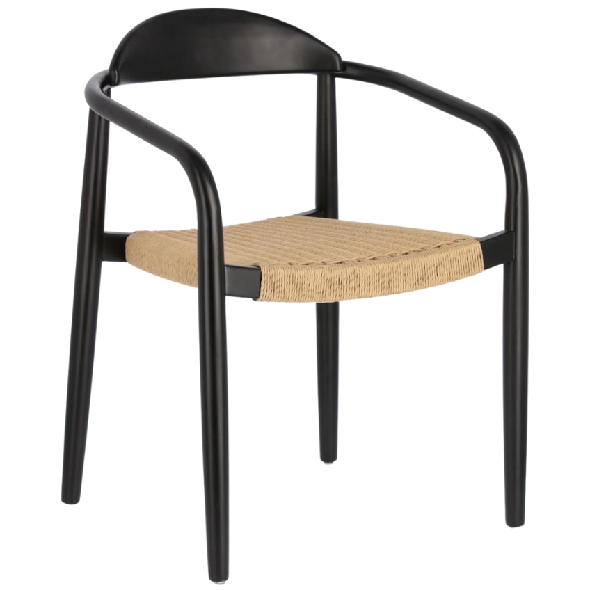 Černá dřevěná jídelní židle LaForma Glynis s područkami a s béžovým proplétáním