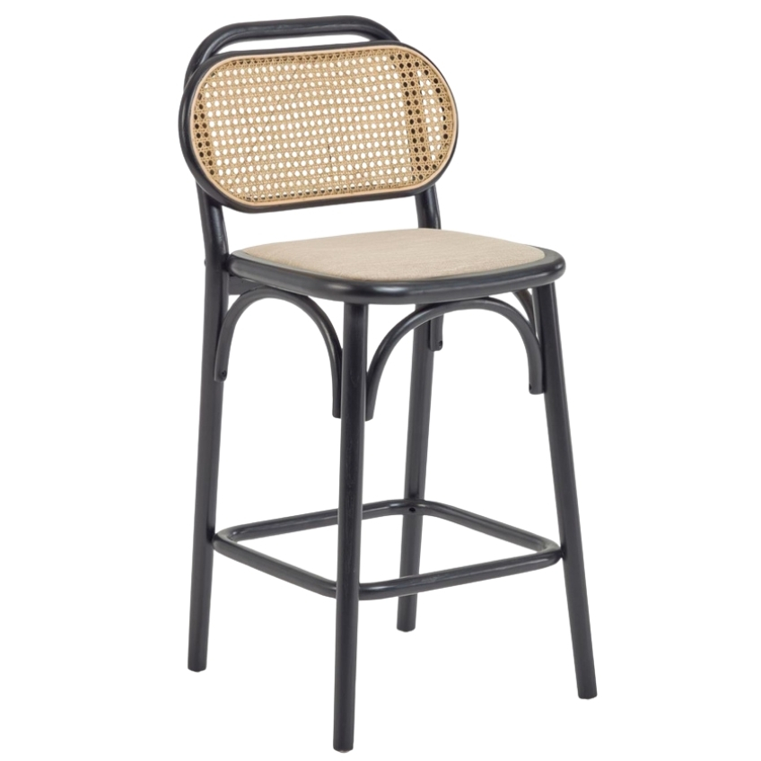 Černá dubová barová židle LaForma Doriane s ratanovým opěradlem 65 cm