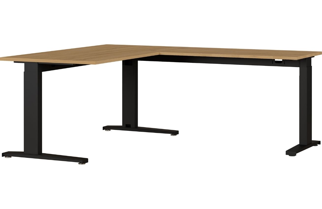 GERMANIA Dubový rohový kancelářský stůl GW Agenda 160x193 cm s černou podnoží