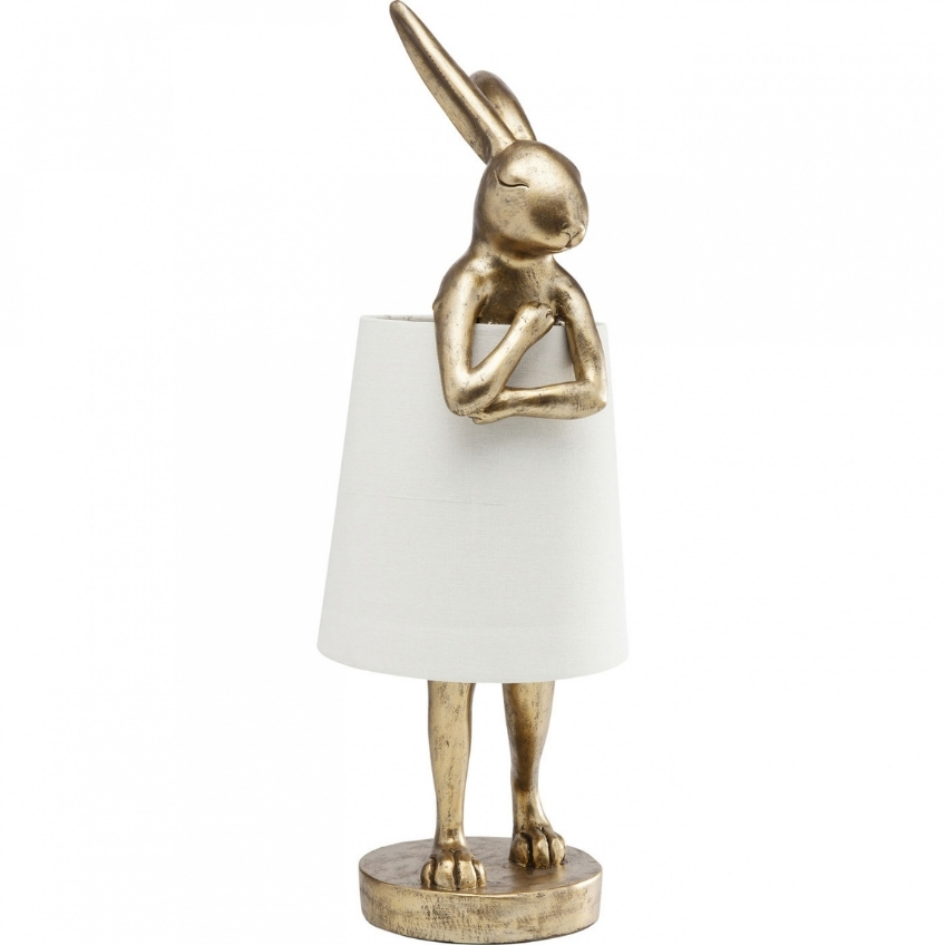 KARE DESIGN Zlatá kovová stolní lampa Animal Rabbit 68 cm s lněným stínidlem