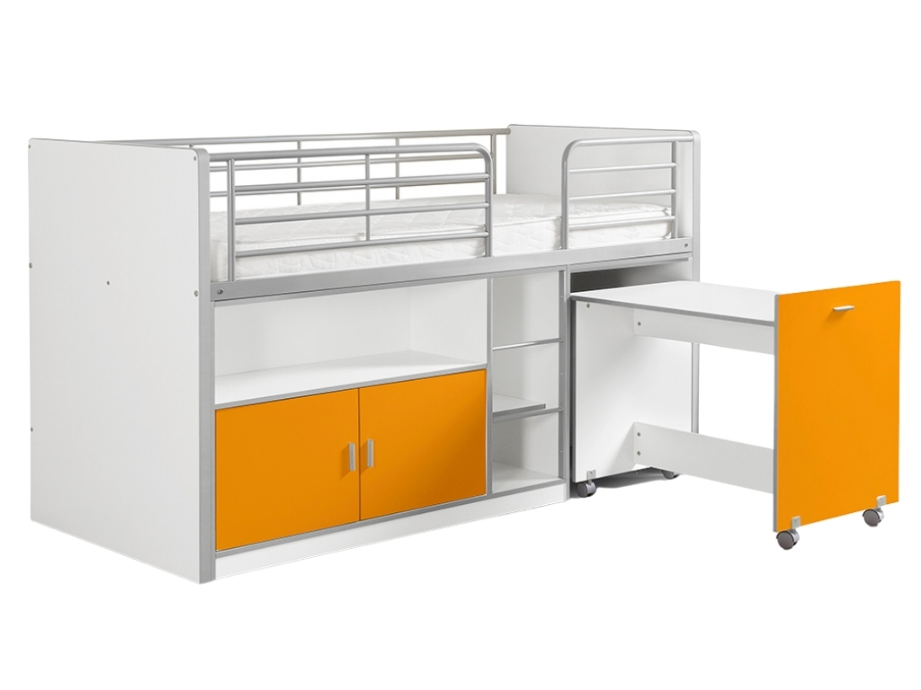 Oranžová dřevěná patrová postel se stolkem a komodou Vipack Bonny 200 x 90 cm