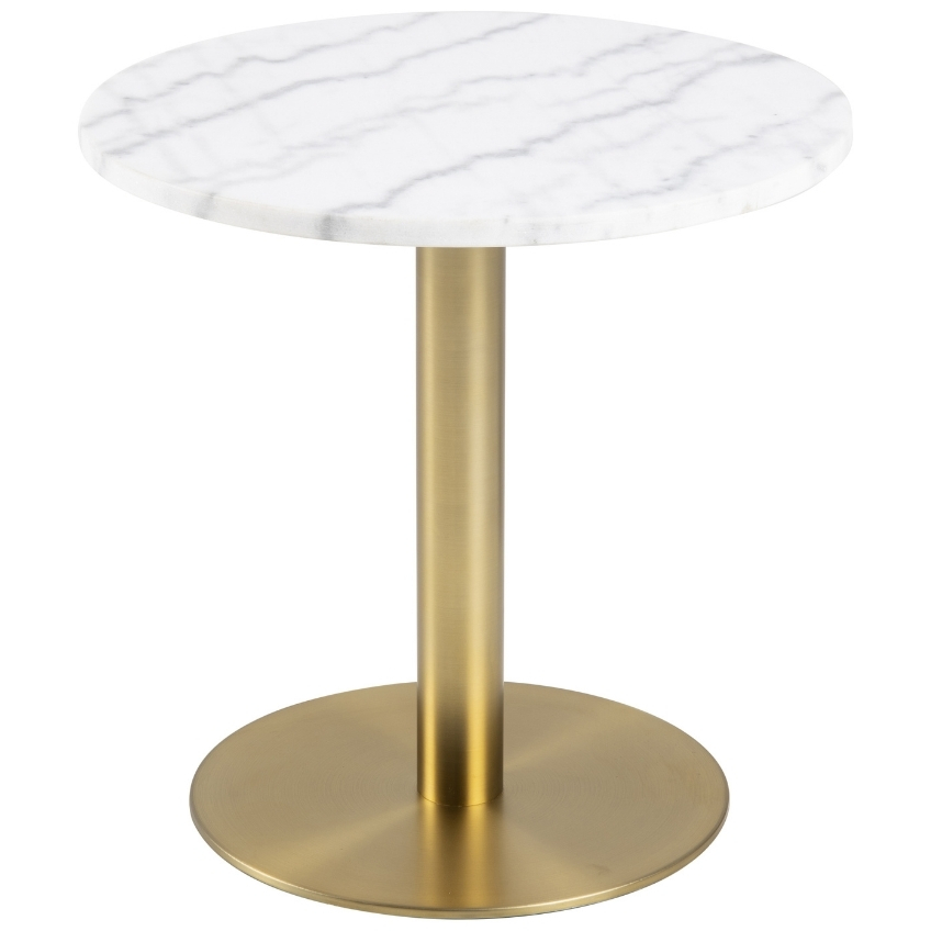 SCANDI Bílý mramorový odkládací stolek Aron 50 cm se zlatou kartáčovanou podnoží
