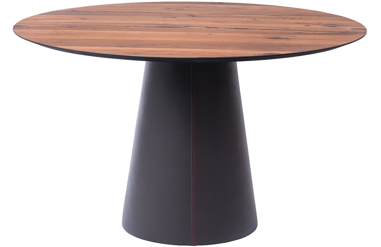 Hnědý dubový jídelní stůl Marco Barotti 130 cm s koženou podnoží