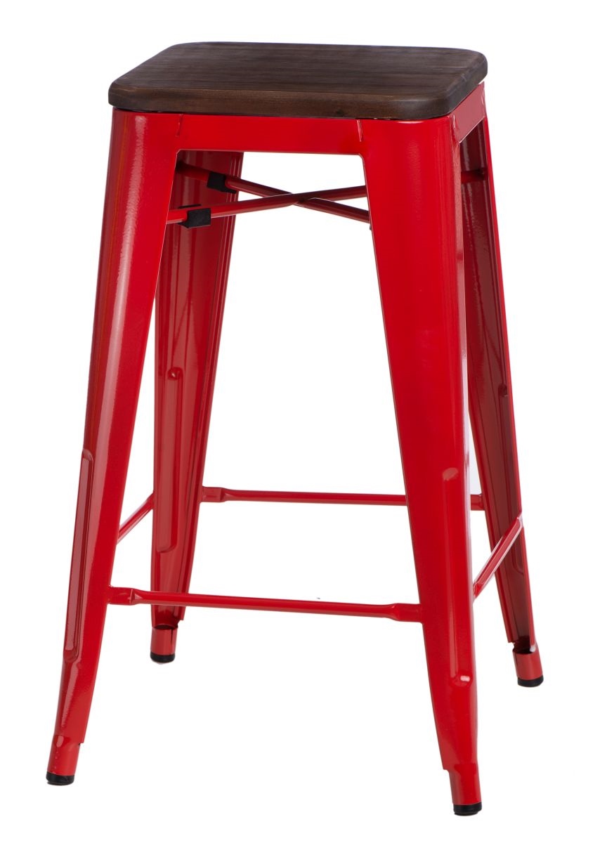 Culty Červená kovová barová židle Tolix s ořechovým sedákem 65 cm