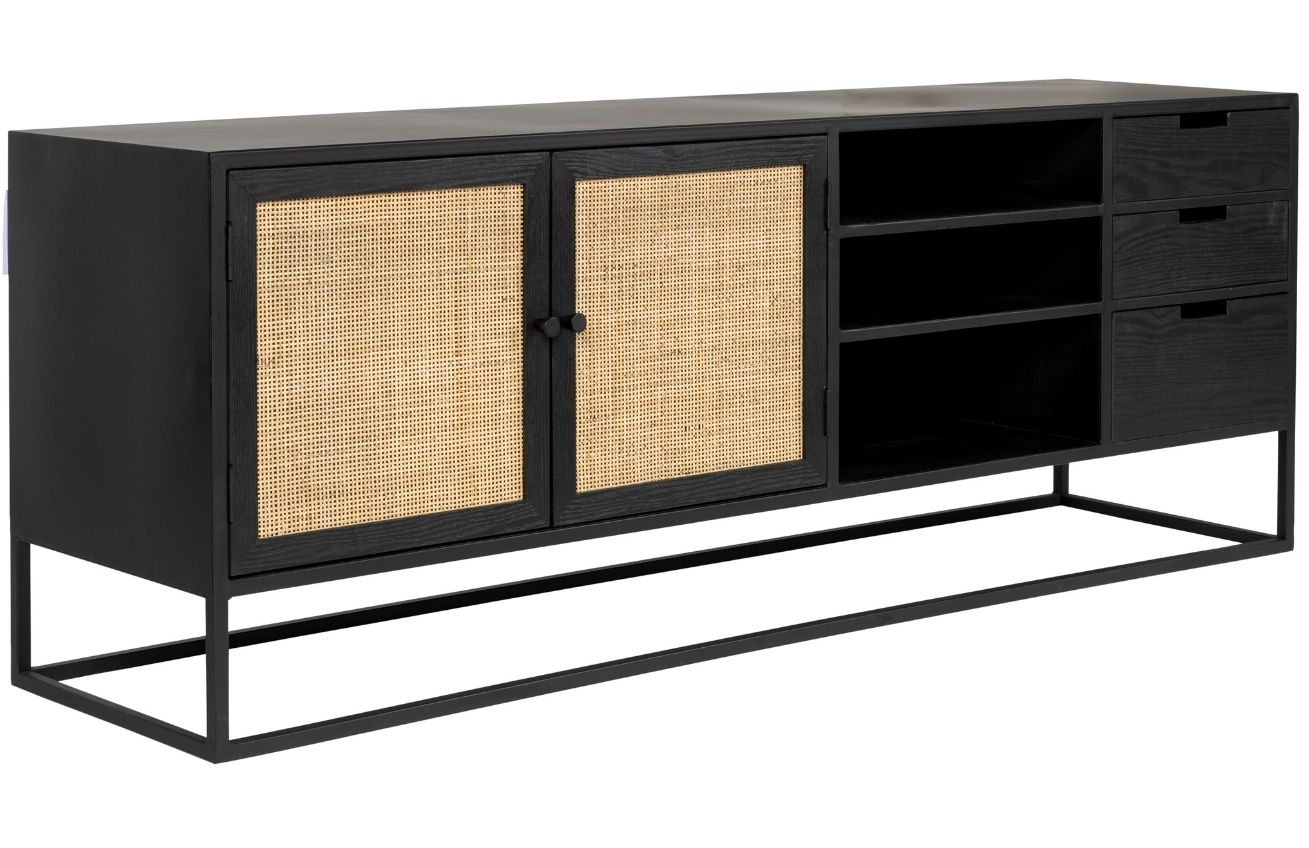 White Label Living Černý lakovaný TV stolek s ratanovou výplní WLL GUUJI 150 x 38 cm
