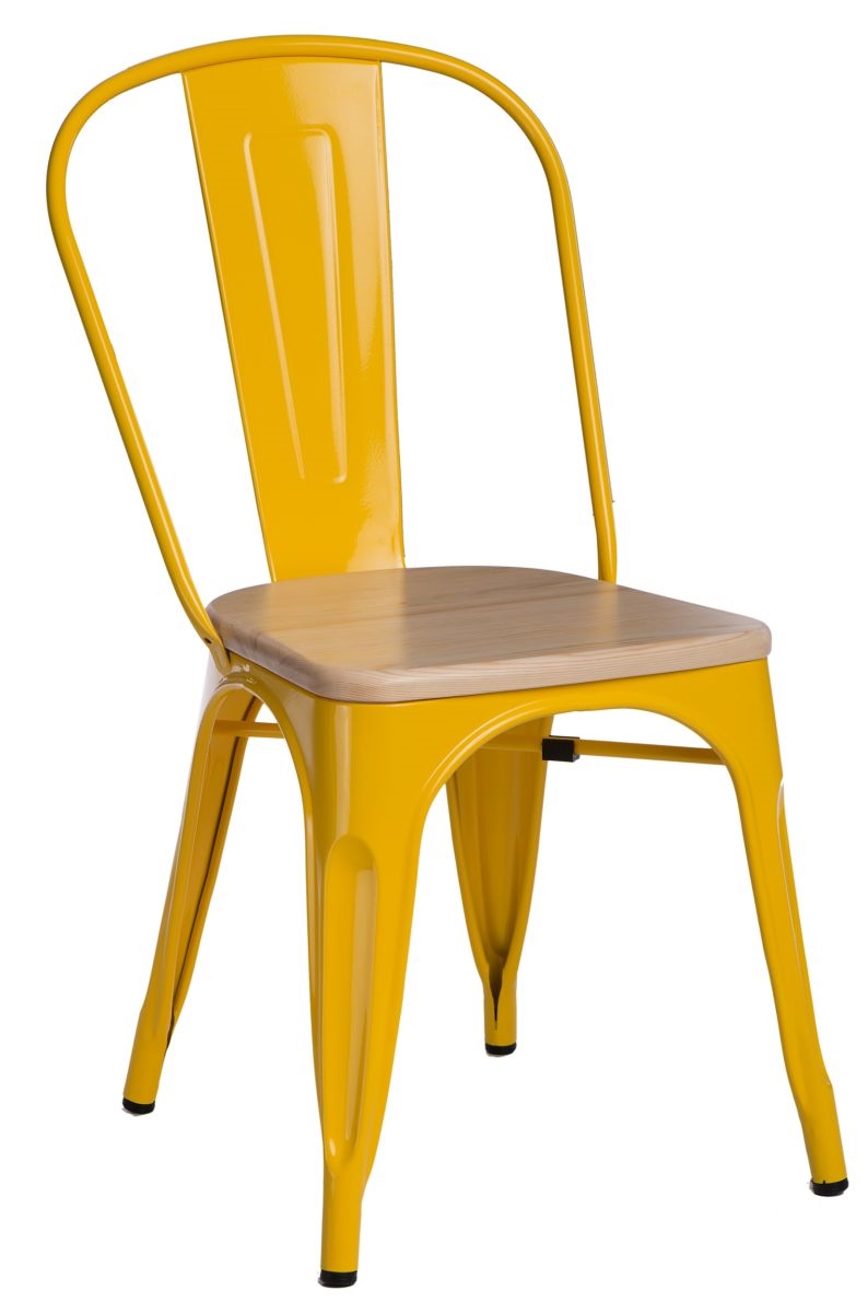 Culty Žlutá kovová jídelní židle Tolix s borovicovým sedákem