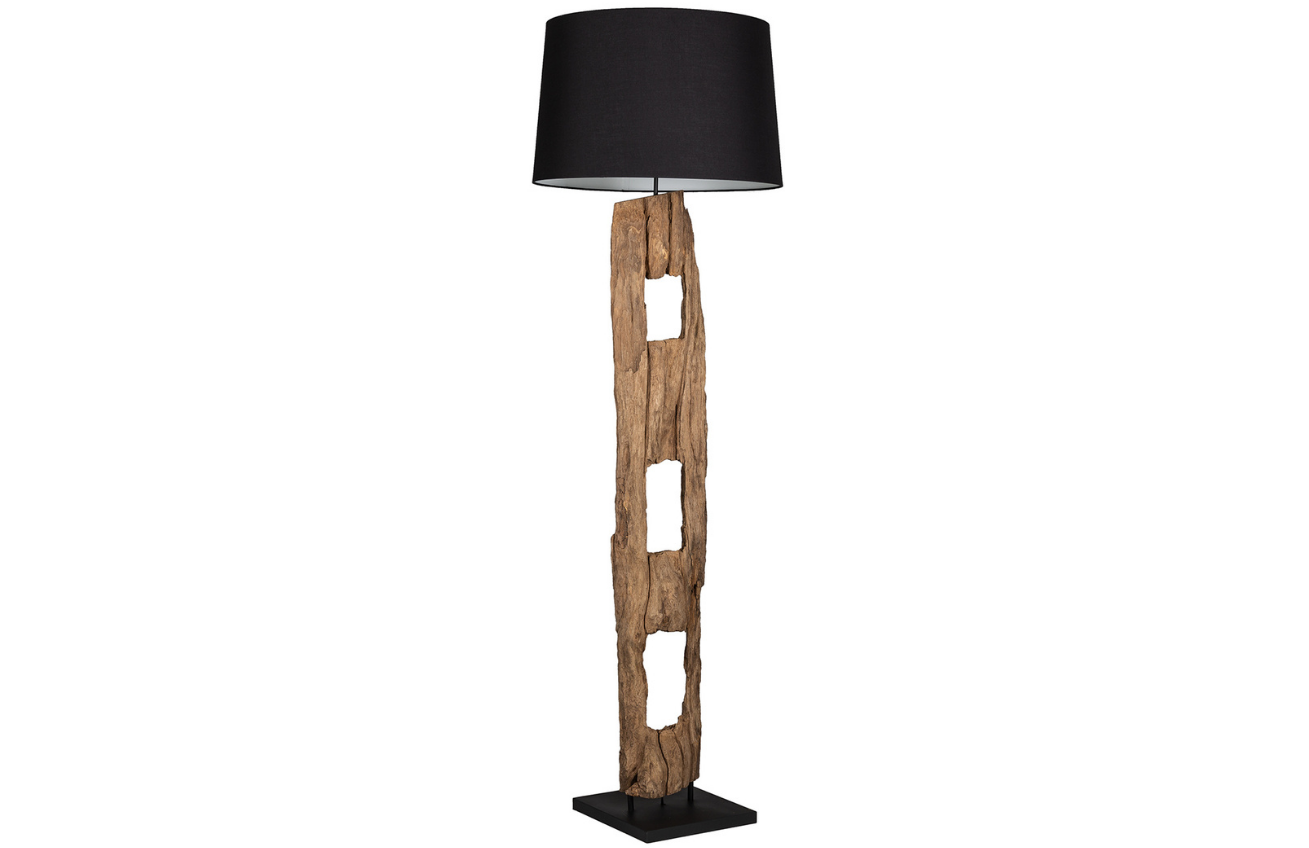 Moebel Living Dřevěná stojací lampa  s černým stínidlem Aranka 177 cm