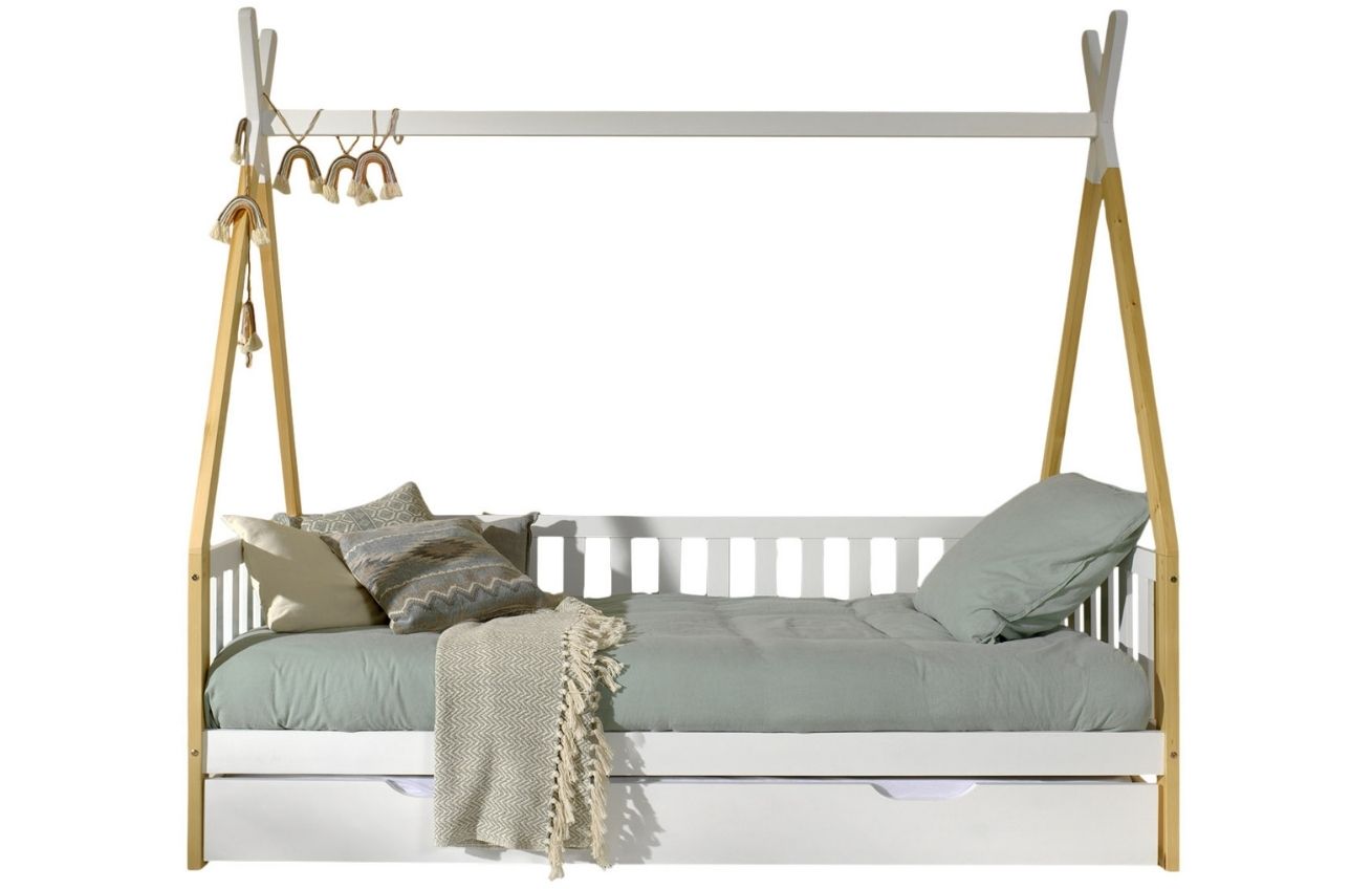 Bílá borovicová postel Vipack Tipi 90 x 200 cm se zábranami a bílou zásuvkou