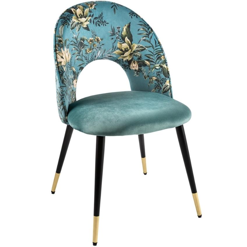 Moebel Living Modrá sametová jídelní židle Lovie s květinovým potiskem