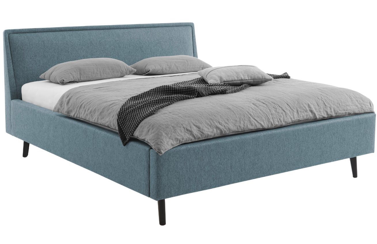 Šedo modrá látková dvoulůžková postel Meise Möbel Frieda 160 x 200 cm s černou podnoží