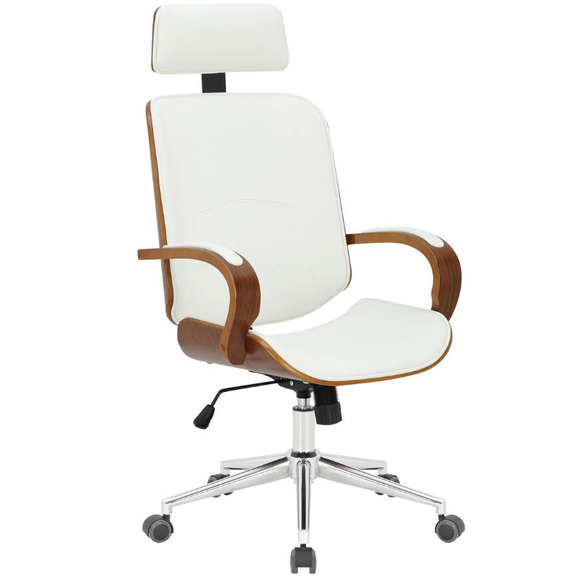 DMQ Ořechová kancelářská židle Nelion s bílým koženkovým sedákem