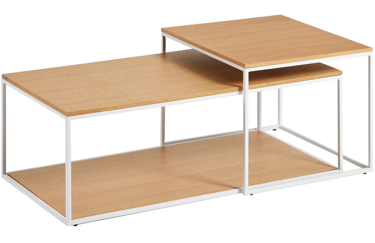 Set dvou dubových konferenčních stolků Kave Home Yoana 100x50/ 50x55 cm s bílou podnoží