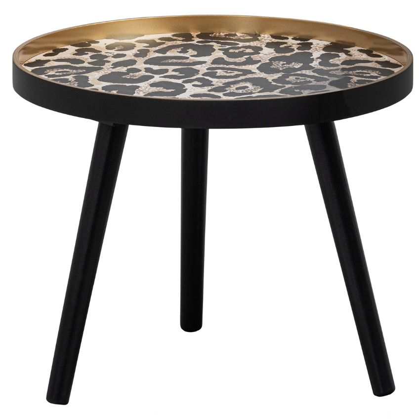 Hoorns Černo zlatý jasanový konferenční stolek s potiskem pantera Aisha Ø 41 cm