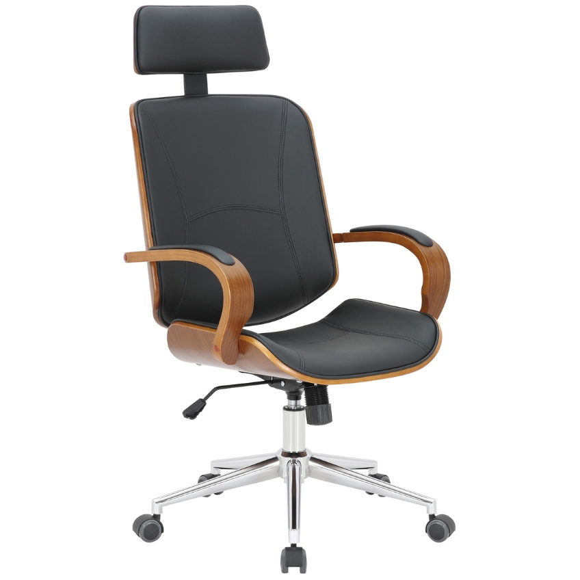 DMQ Černá koženková kancelářská židle Daianie s ořechovou skořepinou