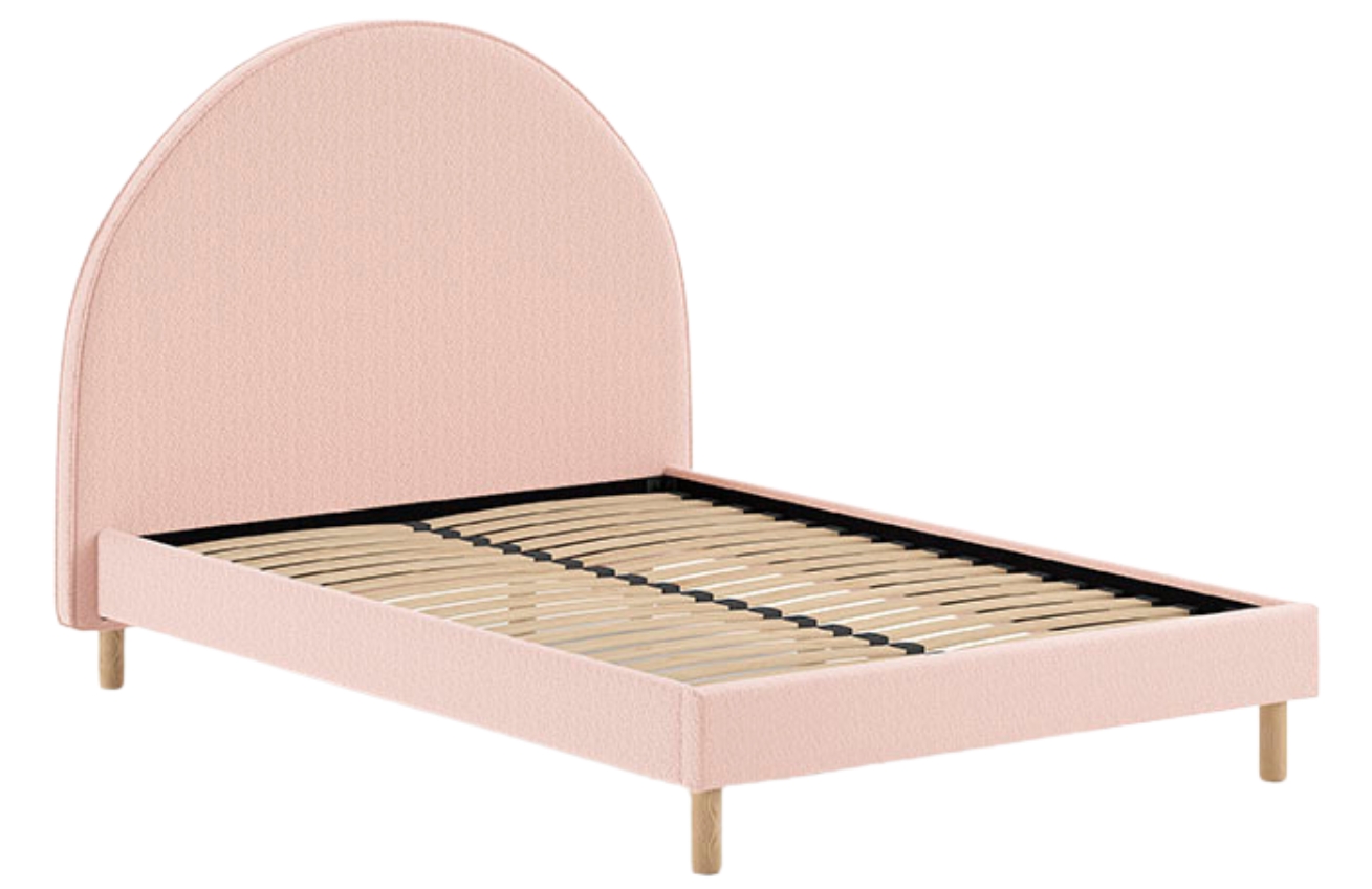 Růžová čalouněná bouclé postel Vipack Moon 140 x 200 cm