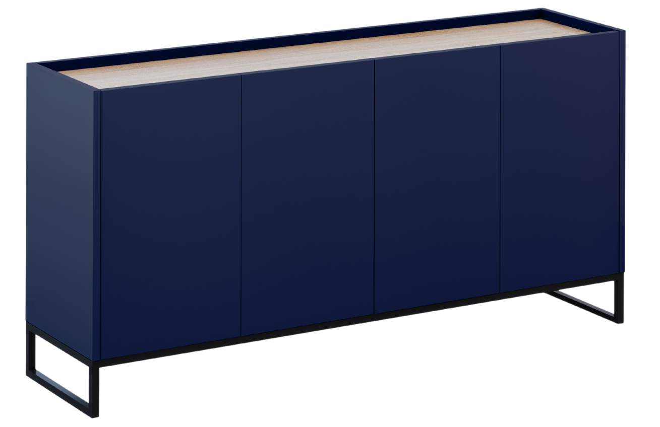 Modrá lakovaná komoda Windsor & Co Helene 160 x 40 cm s dubovým dekorem