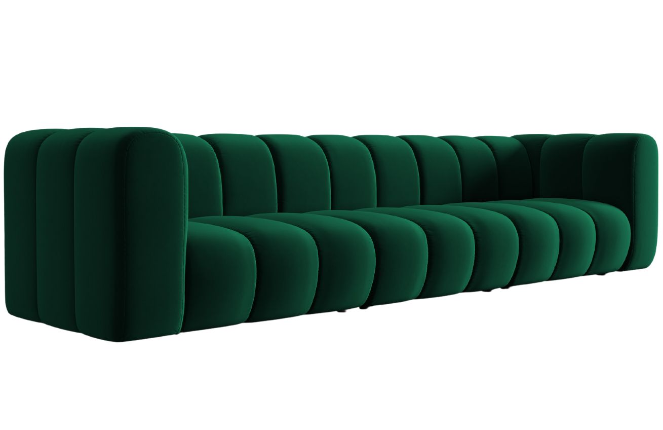 Lahvově zelená sametová pětimístná pohovka MICADONI Lupine 318 cm