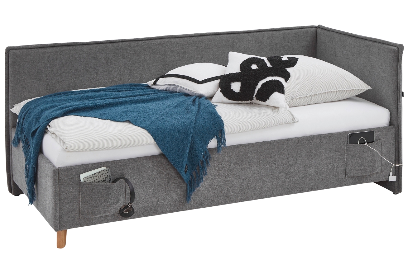 Šedá čalouněná postel Meise Möbel Fun II. 140 x 200 cm s úložným prostorem