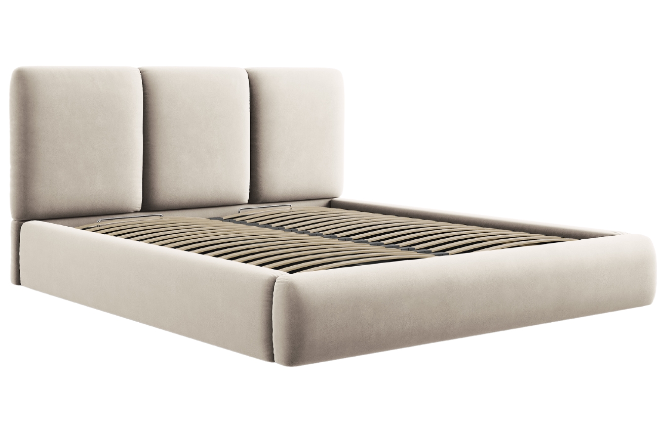Světle béžová sametová dvoulůžková postel Windsor & Co Horizon 200 x 200 cm s úložným prostorem