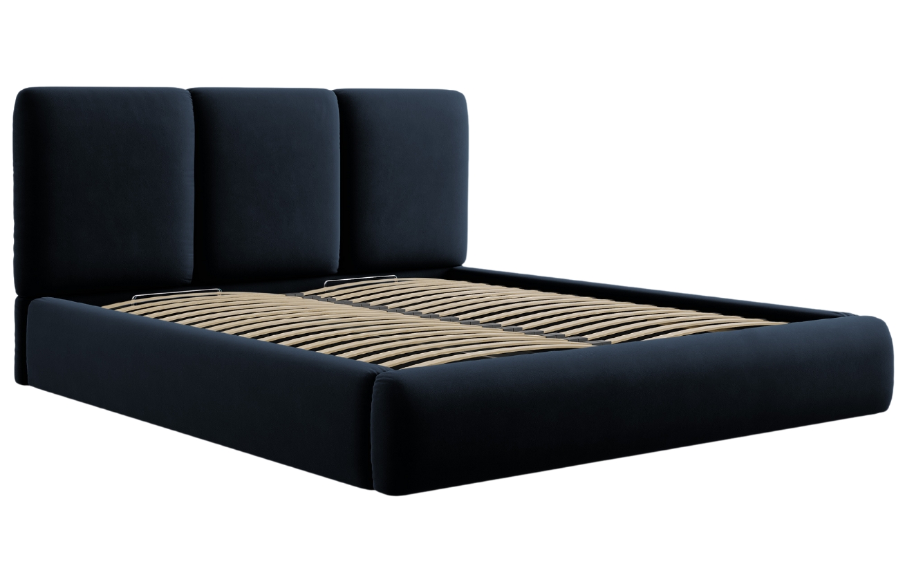 Tmavě modrá sametová dvoulůžková postel Windsor & Co Horizon 160 x 200 cm s úložným prostorem